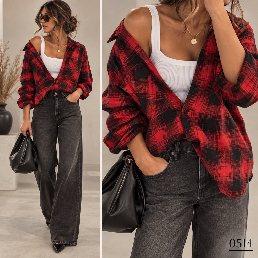 Express Boyfriend Flannel Shirt Red Black Buffalo Plaid Cotton Rayon Large 0514
